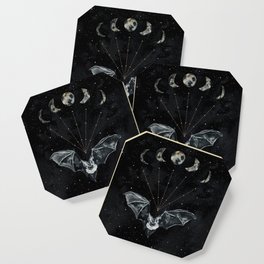 Bat and Moon Phases, Black Gold, Celestial Stars Witchy Coaster
