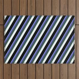 [ Thumbnail: Vibrant Light Sky Blue, Slate Blue, Dark Slate Gray, Mint Cream & Black Colored Lined Pattern Outdoor Rug ]