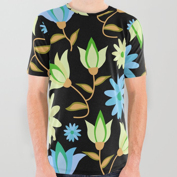 Cute flower elements semless pattern on Black Background All Over Graphic Tee