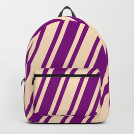 [ Thumbnail: Purple & Bisque Colored Striped/Lined Pattern Backpack ]