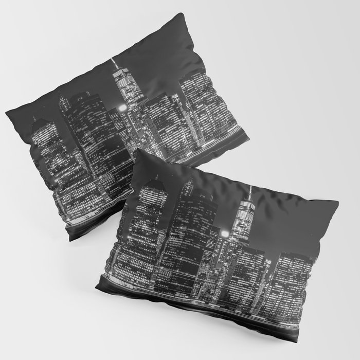 New York City Manhattan skyline at night black and white Pillow Sham