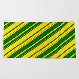 [ Thumbnail: Yellow & Dark Green Colored Lines/Stripes Pattern Beach Towel ]
