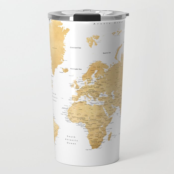 Gold world map with cities Travel Mug