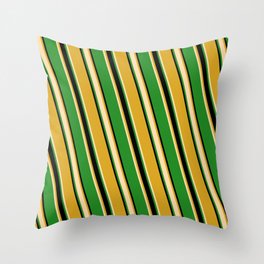 [ Thumbnail: Goldenrod, Tan, Forest Green, and Black Colored Striped/Lined Pattern Throw Pillow ]