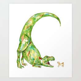  T-rex dinosaur playing with dog painting watercolour Art Print