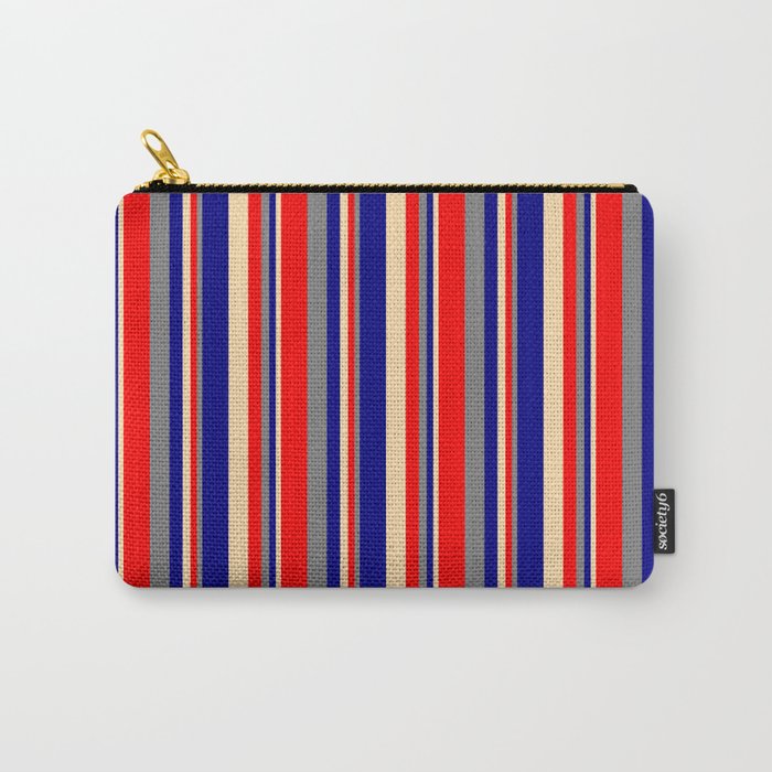 Tan, Blue, Gray & Red Colored Lines/Stripes Pattern Carry-All Pouch