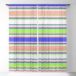 [ Thumbnail: Blue, Green, White, and Salmon Colored Lined Pattern Sheer Curtain ]