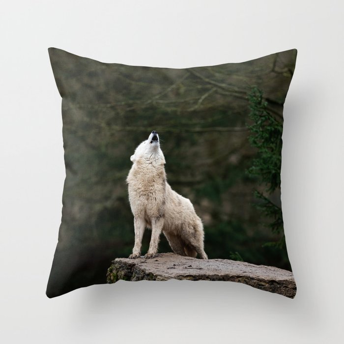 Howling White Wolf In The Forest On Rock Cliff Animal / Wildlife / Nature Photograph Throw Pillow