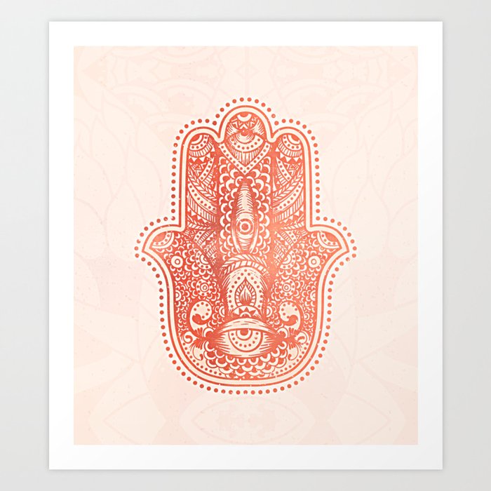 Happiness Hamsa Hand Metallic Rose Gold Beige Art Print