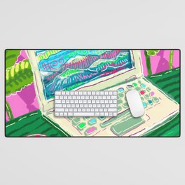 Colorful illustration with laptop and a cup of tea Desk Mat