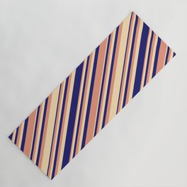 [ Thumbnail: Dark Salmon, Beige, and Midnight Blue Colored Pattern of Stripes Yoga Mat ]