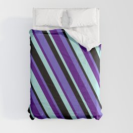 [ Thumbnail: Slate Blue, Indigo, Turquoise & Black Colored Striped Pattern Comforter ]