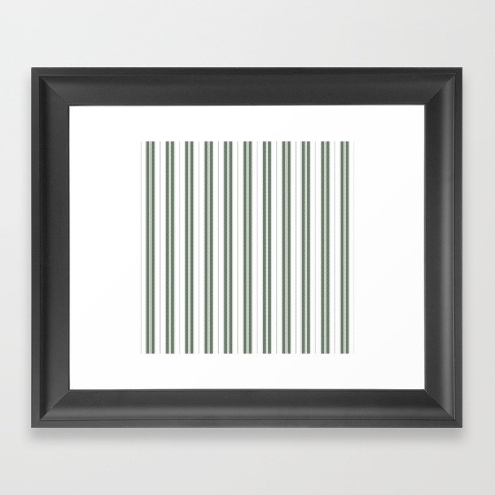 Forest Green and White Vertical Vintage American Country Cabin Ticking Stripe Framed Art Print