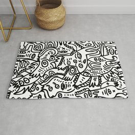 Hand Drawing Graffiti Creatures in the Summer Afternoon Black and White Rug