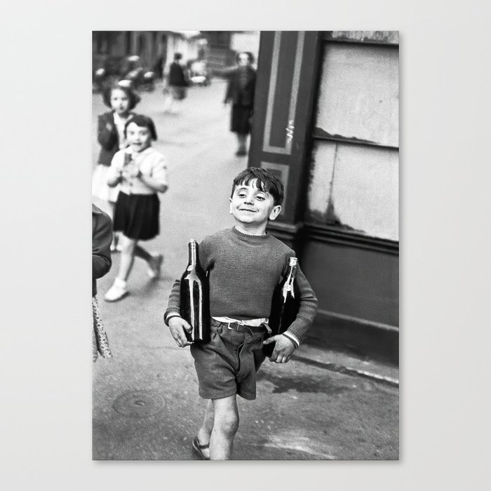 Little Boy and Bottles of Wine, Black and White Vintage Art Canvas Print