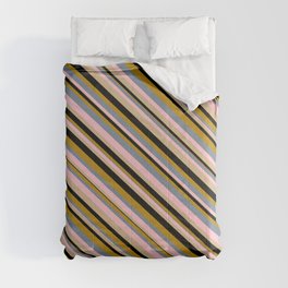 [ Thumbnail: Vibrant Light Slate Gray, Pink, Tan, Black, and Dark Goldenrod Colored Lined Pattern Comforter ]