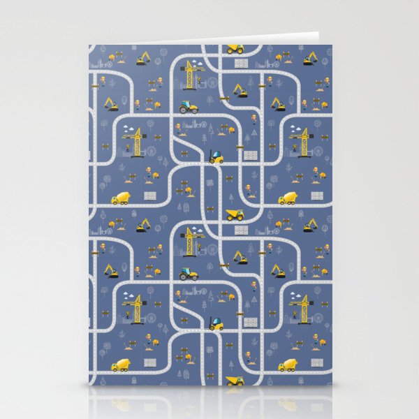 Under Construction Digger Vehicles Blue Pattern Stationery Cards