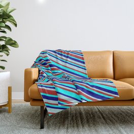 [ Thumbnail: Powder Blue, Red, Aqua, and Blue Colored Lined Pattern Throw Blanket ]