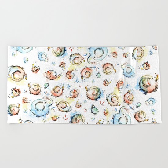 Elephants Pattern Watercolor Whimsical Animals Beach Towel