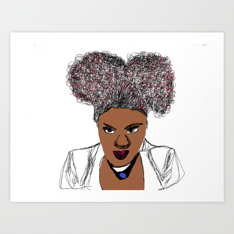 Curly Natural Afro Hair Kinky Pretty Girl Paint Drawing Art Print