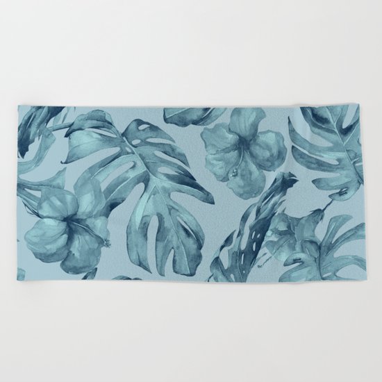 Hawaiian Teal Sea Island Leaves + Flowers Beach Towel