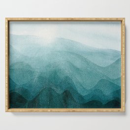 Sunrise in the mountains, dawn, teal, abstract watercolor Serving Tray