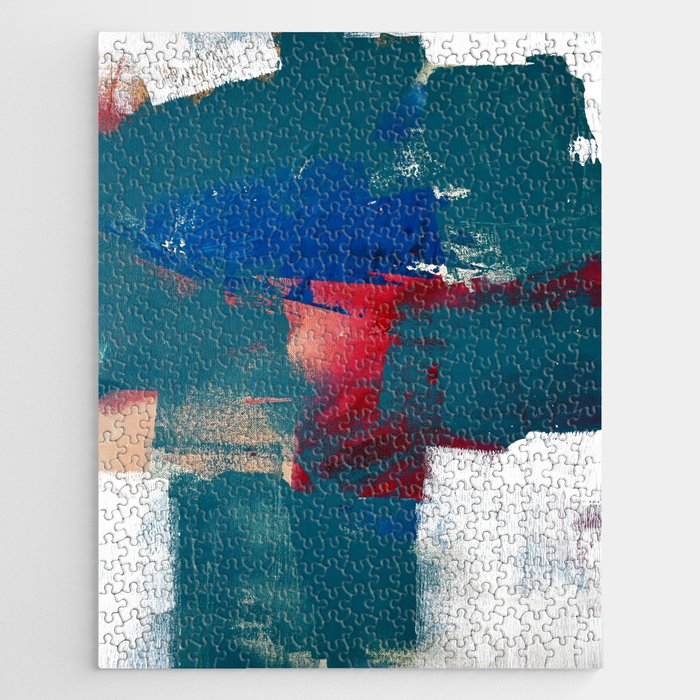 0923: a mixed media piece in teal red and blue by Alyssa Hamilton Art Jigsaw Puzzle