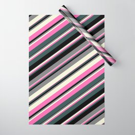 [ Thumbnail: Grey, Beige, Hot Pink, Dark Slate Gray, and Black Colored Lines/Stripes Pattern Wrapping Paper ]