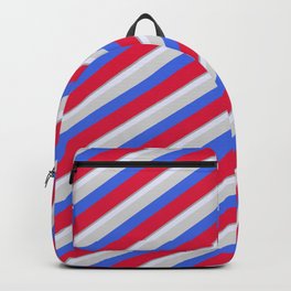 [ Thumbnail: Colorful Dark Gray, Lavender, Light Grey, Royal Blue, and Crimson Colored Stripes/Lines Pattern Backpack ]