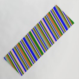 [ Thumbnail: Eyecatching Pink, Blue, Dark Sea Green, Chocolate, and Green Colored Pattern of Stripes Yoga Mat ]