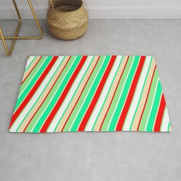 [ Thumbnail: Eye-catching Green, Tan, Red, Light Green, and White Colored Pattern of Stripes Rug ]