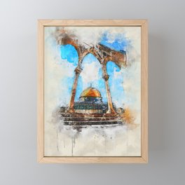 painting. Watercolor Al-Aqsa Mosque Dome of the Rock in the Old City - Jerusalem, Israel Framed Mini Art Print