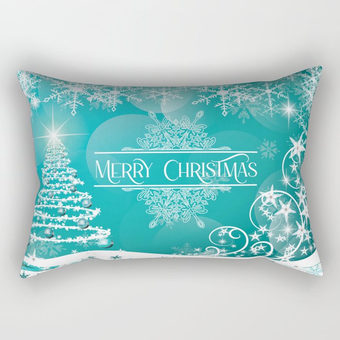 Merry Christmas, Christmas Tree, Snowflakes, Flowers and Stars on Aqua  Rectangular Pillow