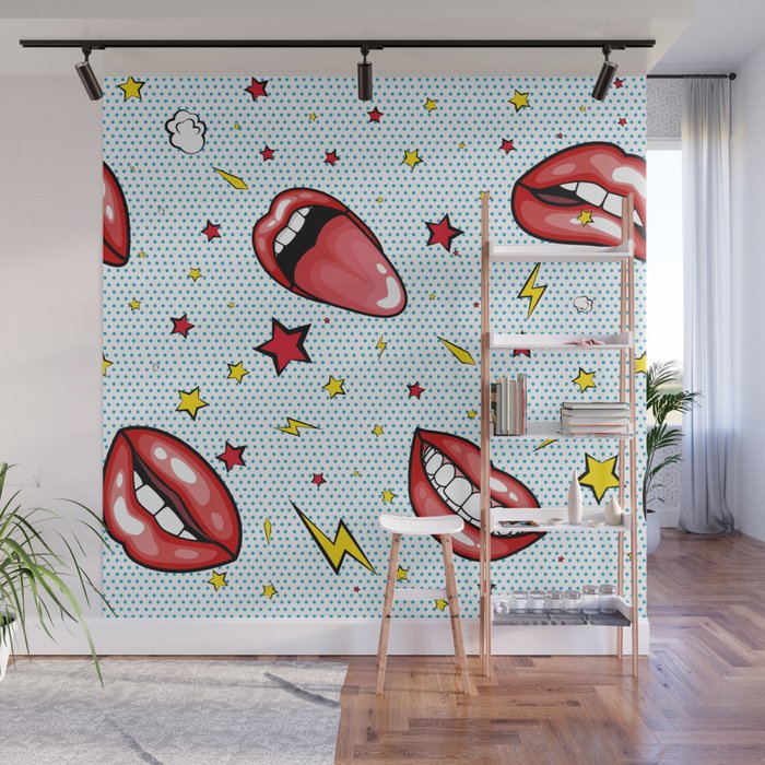 Seamless pattern cartoon comic super speech bubble labels with text, sexy open red lips with teeth, retro pop art illustration, halftone dot vintage effect background Wall Mural