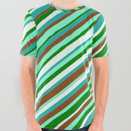 [ Thumbnail: Colorful Light Sea Green, Brown, Aquamarine, Green & Mint Cream Colored Lined/Striped Pattern All Over Graphic Tee ]