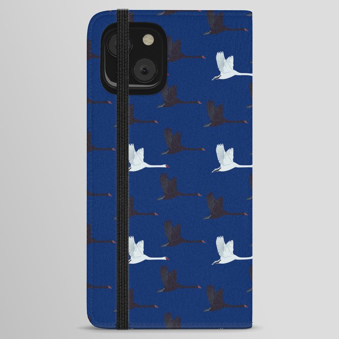 Flying Elegant Swan Pattern on Blue Background iPhone Wallet Case