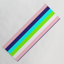 [ Thumbnail: Pink, Midnight Blue, Cyan, Chartreuse, and White Colored Lined/Striped Pattern Yoga Mat ]