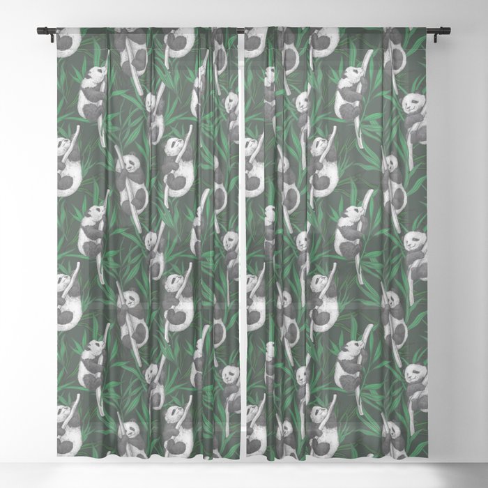 Panda cubs on dark green Sheer Curtain