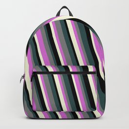 [ Thumbnail: Dark Slate Gray, Grey, Orchid, Beige & Black Colored Stripes Pattern Backpack ]