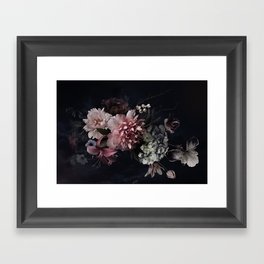 Vintage flowers. Peonies, tulips, lily, hydrangea on black. Floral background. Baroque style floristic illustration.  Framed Art Print