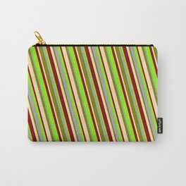 [ Thumbnail: Eye-catching Dark Grey, Green, Beige, Dark Red, and Chartreuse Colored Lined/Striped Pattern Carry-All Pouch ]