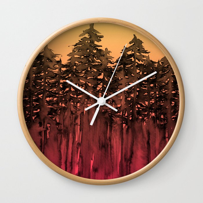 Forest Through The Trees 12 Hot Pink Magenta Orange Black Landscape Ombre Abstract Painting Outdoors Wall Clock