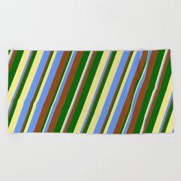 [ Thumbnail: Tan, Cornflower Blue, Brown, and Dark Green Colored Lines/Stripes Pattern Beach Towel ]