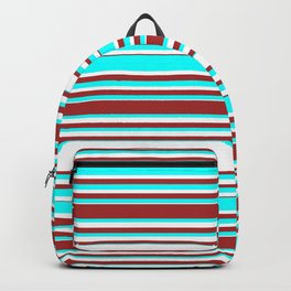 [ Thumbnail: Cyan, White, and Brown Colored Lines/Stripes Pattern Backpack ]