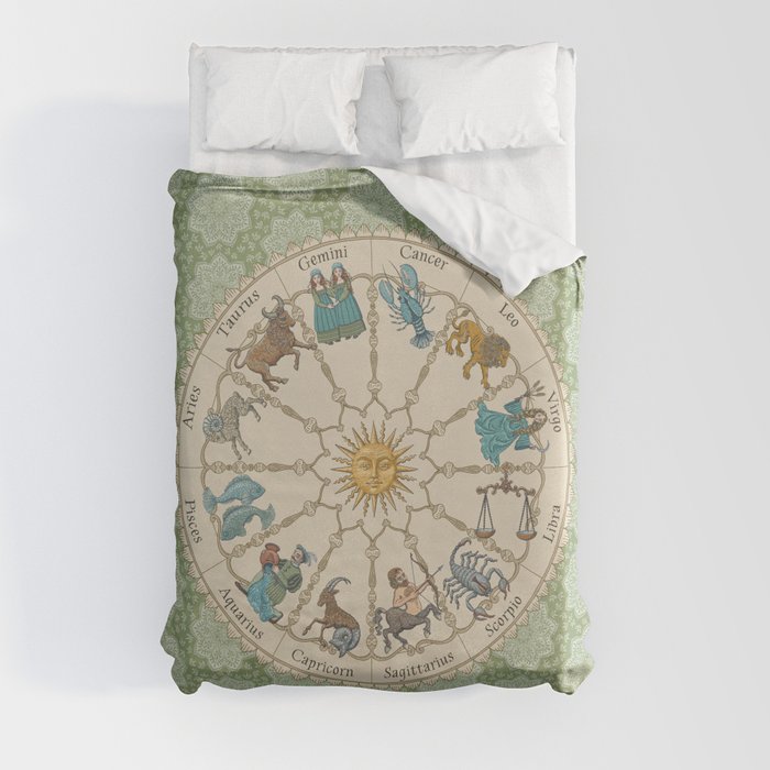 Vintage Astrology Zodiac Wheel Green Duvet Cover