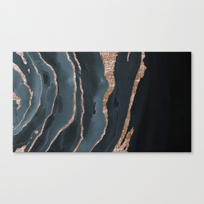 Watercolor Blue Gray And Gold Glitter Liquid Marble Abstract Pattern Canvas Print