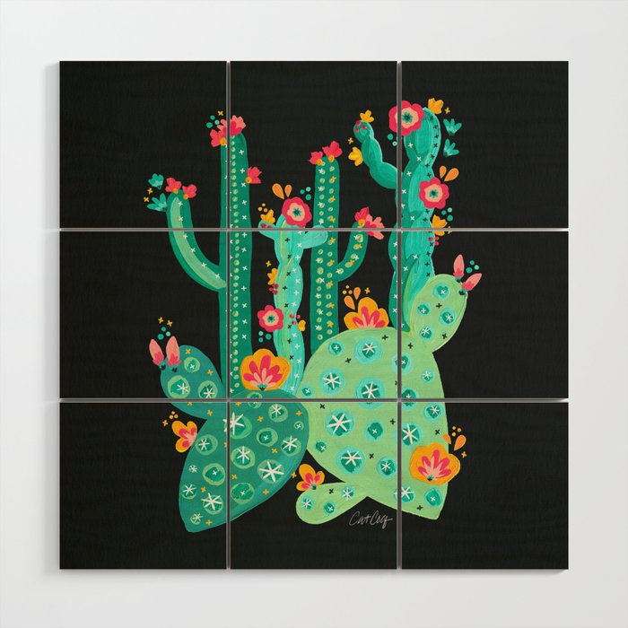 Cactus Garden Acrylic – Green on Charcoal Wood Wall Art