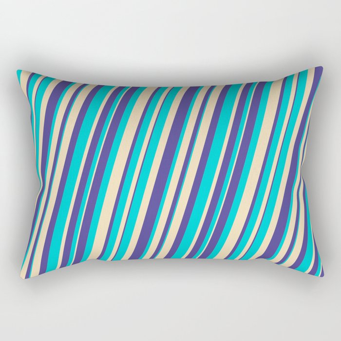 Dark Turquoise, Tan, and Dark Slate Blue Colored Lines/Stripes Pattern Rectangular Pillow