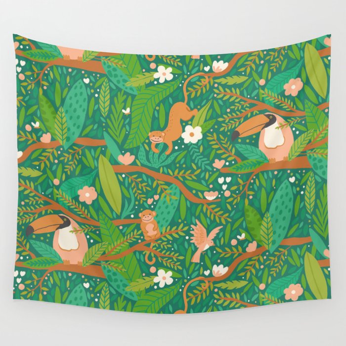 Joyful Jungle - Green Wall Tapestry