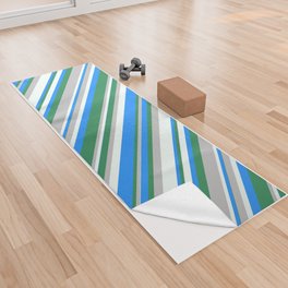[ Thumbnail: Blue, Mint Cream, Grey, and Sea Green Colored Pattern of Stripes Yoga Towel ]